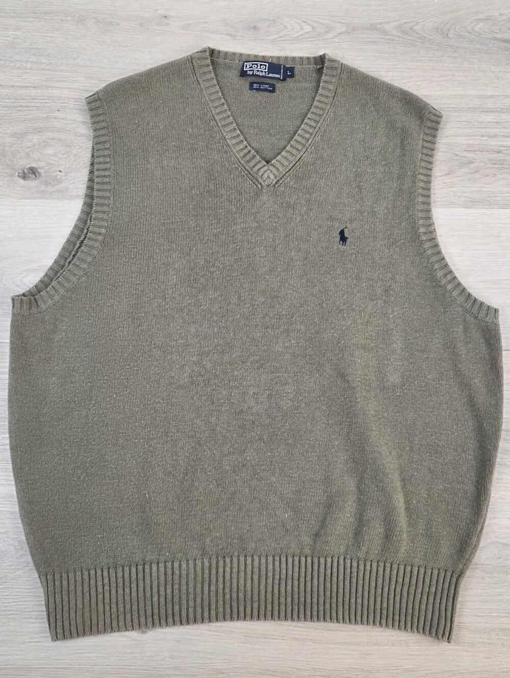 Vtg Polo Ralph Lauren V Neck Sweater Vest Mens Large Olive Green Linen Cotton